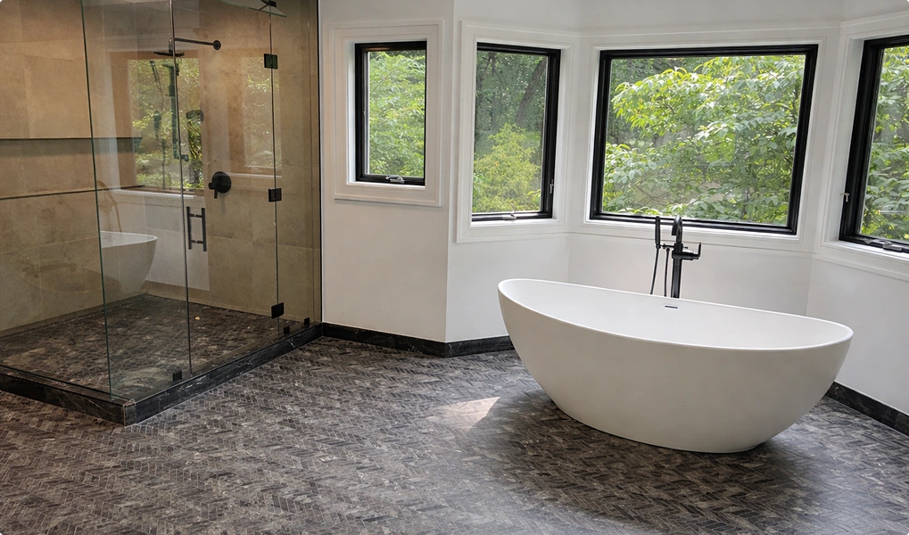 Renovated master bathroom with freestanding tub, glass shower enclosure, and herringbone tile floor