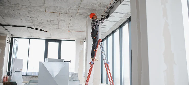 Construction worker on ladder installing ceiling framework in unfinished building