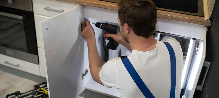 Contractor installing kitchen cabinet door with power drill