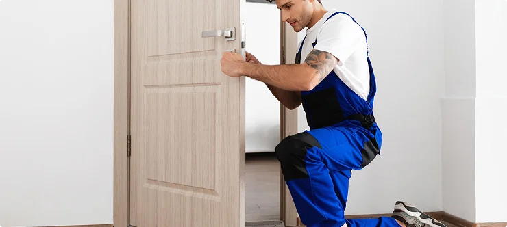 Contractor in uniform installing door handle and lock