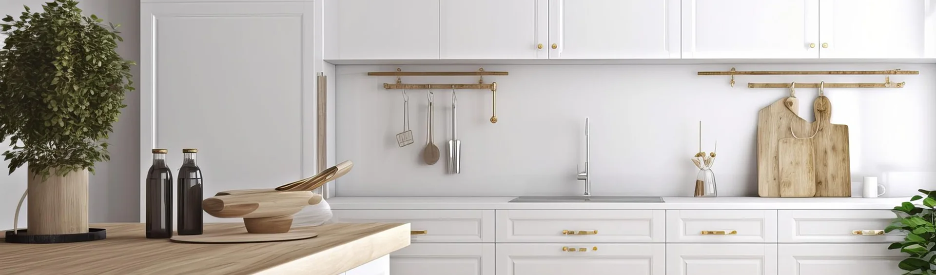 Bright white kitchen with shaker cabinets, gold hardware, and wooden countertop